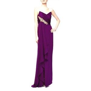 MARCHESA NOTTE Purple Silk Gold Sequin Ruched Long Evening Dress Ret $1095 Sz 16